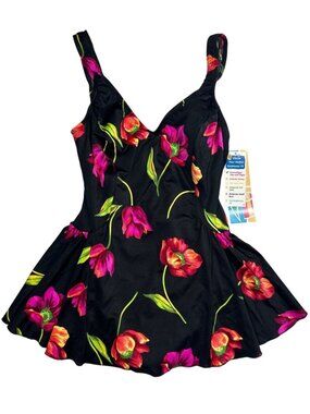 NWT Vtg Coral Key Black Floral Swimdress Women's 14 Bathing Swimsuit Cruise Wear